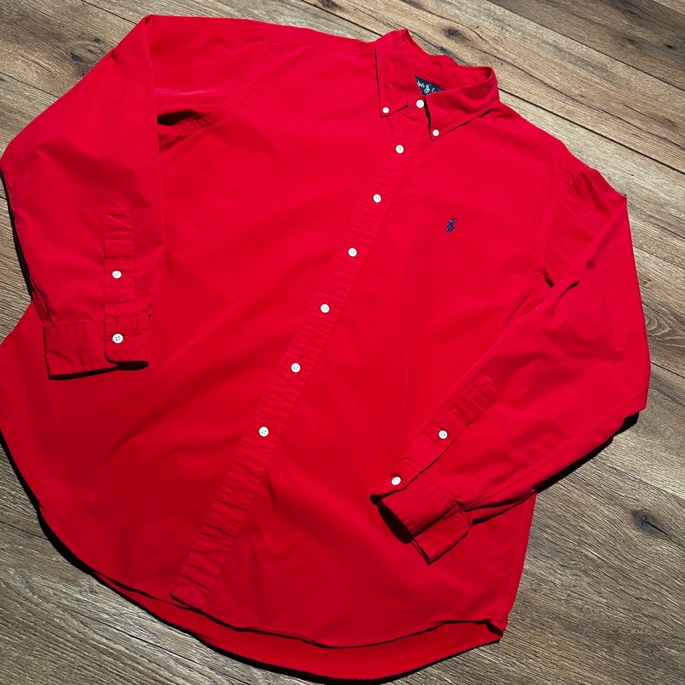 Vintage Ralph Lauren Red Button Down Shirt Mens XL Classic Fit Long Sleeve Pony